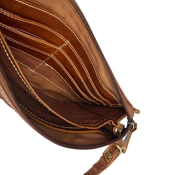 Jesslyn Blake Brown Cognac Eco Leather Wristlet Clutch Basket Weave - Picture 10 of 10